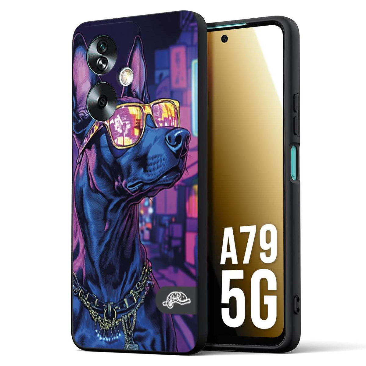CUSTOMIZZA - Custodia cover nera morbida in tpu compatibile per Oppo A79 5G animali cyberpunk dobermann cane street dog fucsia blu night