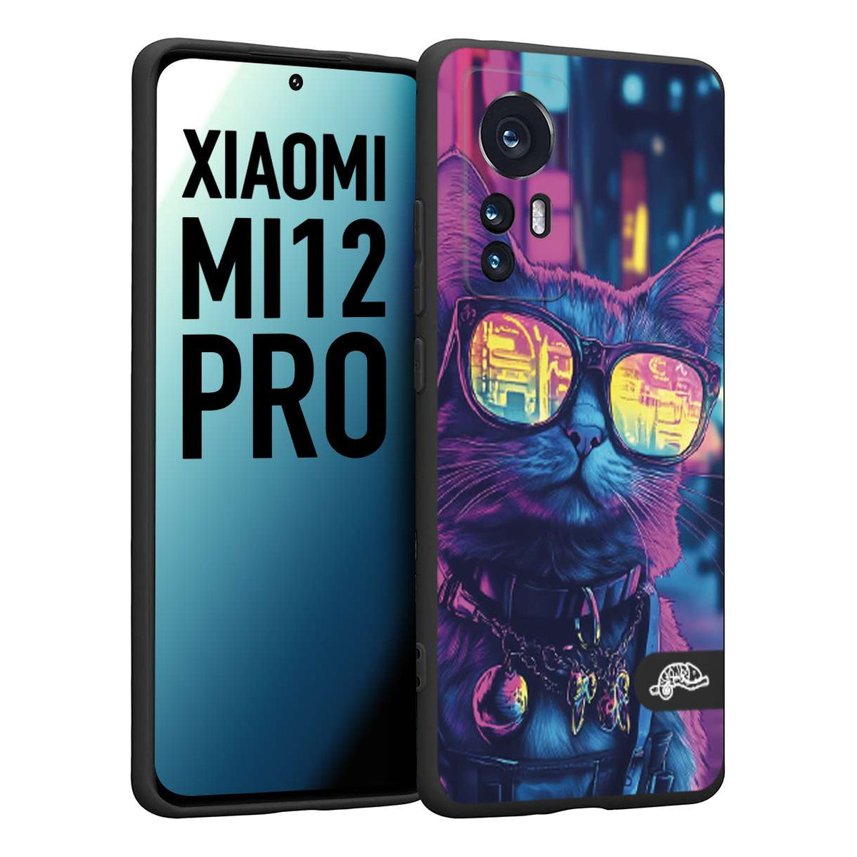 CUSTOMIZZA - Custodia cover nera morbida in tpu compatibile per Xiaomi 12 PRO animali cyberpunk gatto street cat fucsia blu giallo
