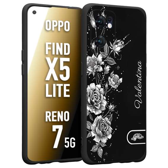CUSTOMIZZA - Custodia cover nera morbida in tpu compatibile per Oppo Reno 7 - Find X5 LITE a rilievo soft touch personalizzata nome rose fiori donna