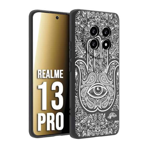CUSTOMIZZA - Custodia cover nera morbida in tpu compatibile per Realme 13 PRO mano di fatima effetto rilievo mandala donna