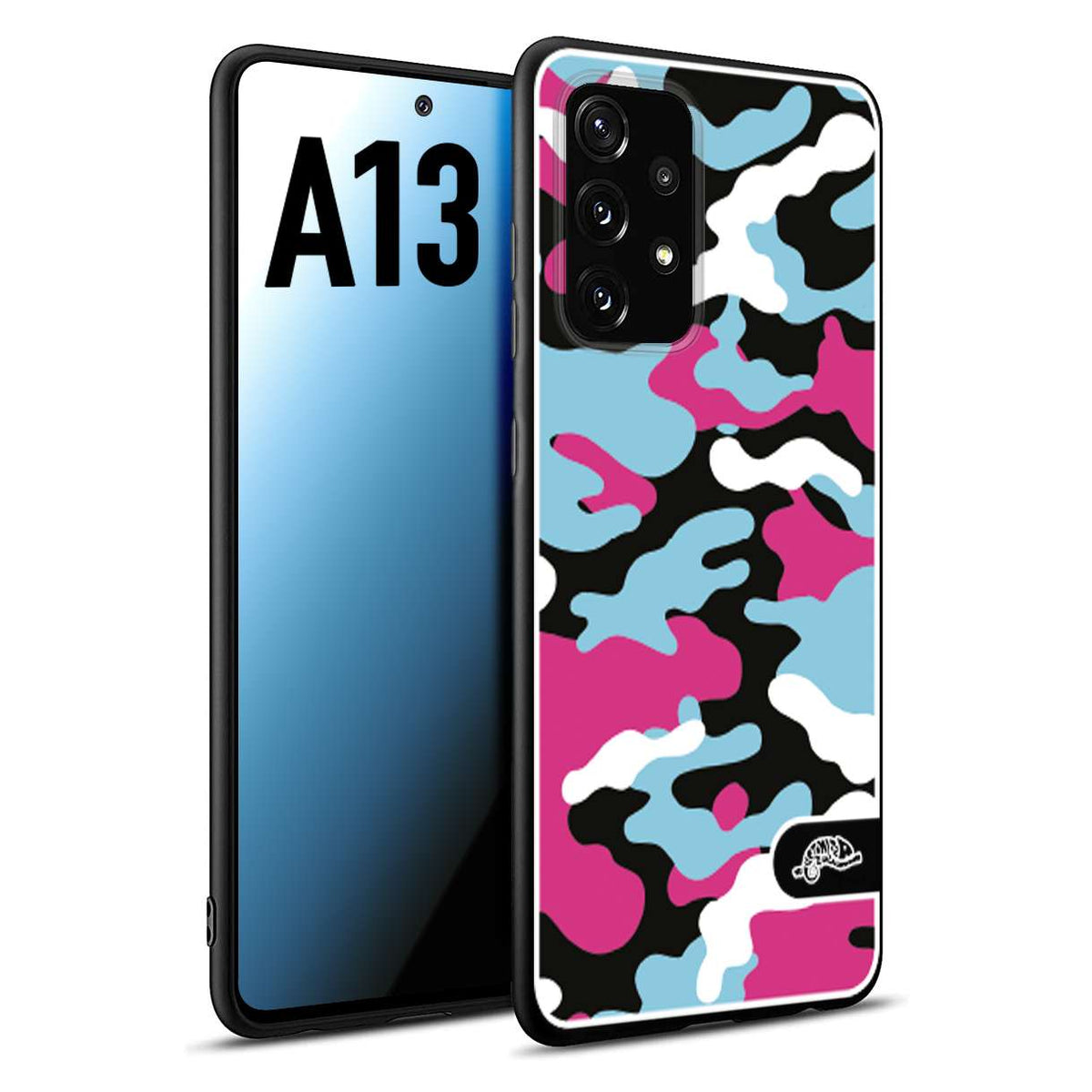 CUSTOMIZZA - Custodia cover nera morbida in tpu compatibile per Samsung A13 camouflage mimetico militare fucsia celeste