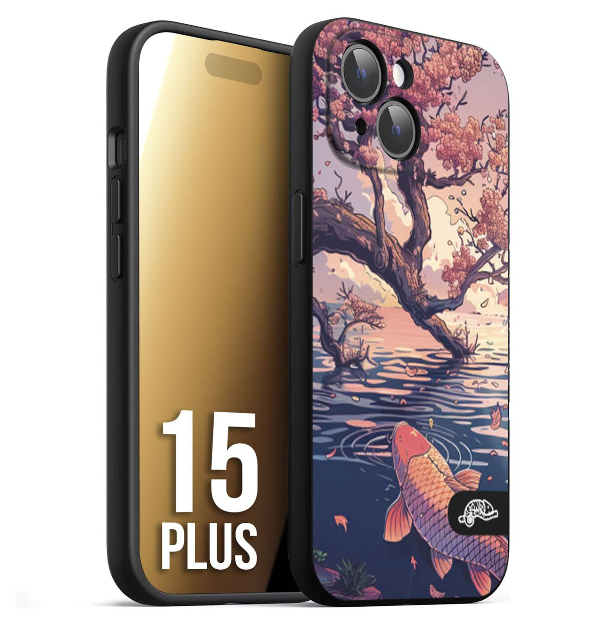 CUSTOMIZZA - Custodia cover nera morbida in tpu compatibile per iPhone 15 PLUS giapponese lago carpa koi rosa con foglie d'acero disegnata tattoo