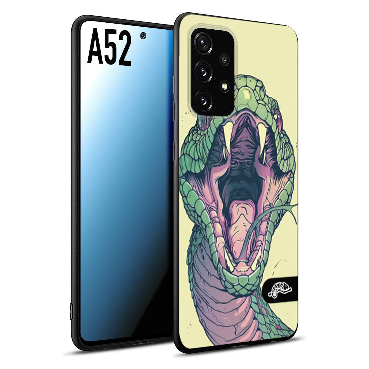 CUSTOMIZZA - Custodia cover nera morbida in tpu compatibile per Samsung A52 snake yellow green serpente tatuaggio tattoo disegnato a mano