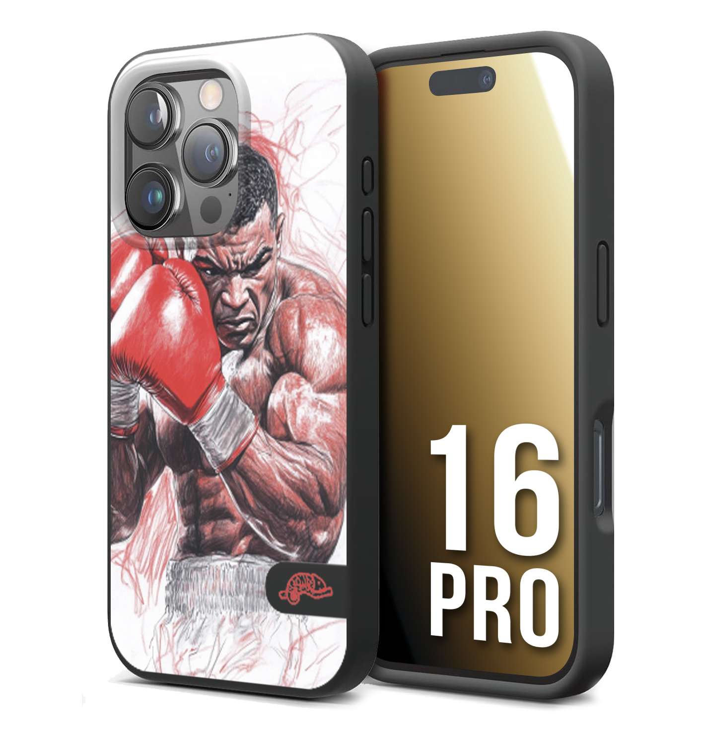 CUSTOMIZZA - Custodia cover nera morbida in tpu compatibile per iPhone 16 PRO pugilato pugili disegno tattoo guantoni boxer pesi massimi iron mike