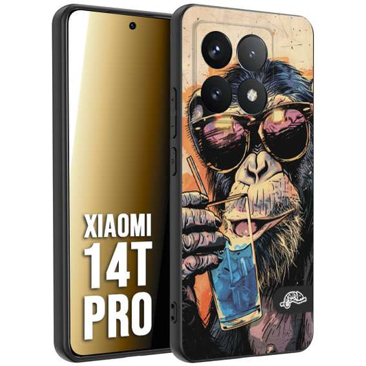 CUSTOMIZZA - Custodia cover nera morbida in tpu compatibile per Xiaomi 14T PRO estate disegnata cocktails animali simpatici scimmia monkey negroni