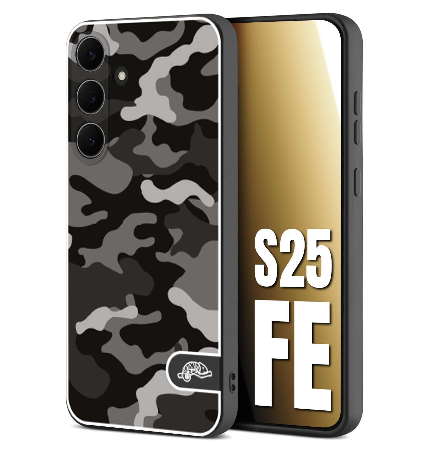 CUSTOMIZZA - Custodia cover nera morbida in tpu compatibile per Samsung S25 FE camouflage mimetico militare nero black grigio