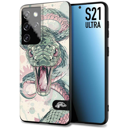 CUSTOMIZZA - Custodia cover nera morbida in tpu compatibile per Samsung S21 ULTRA snake pink green serpente tatuaggio tattoo disegnato a mano