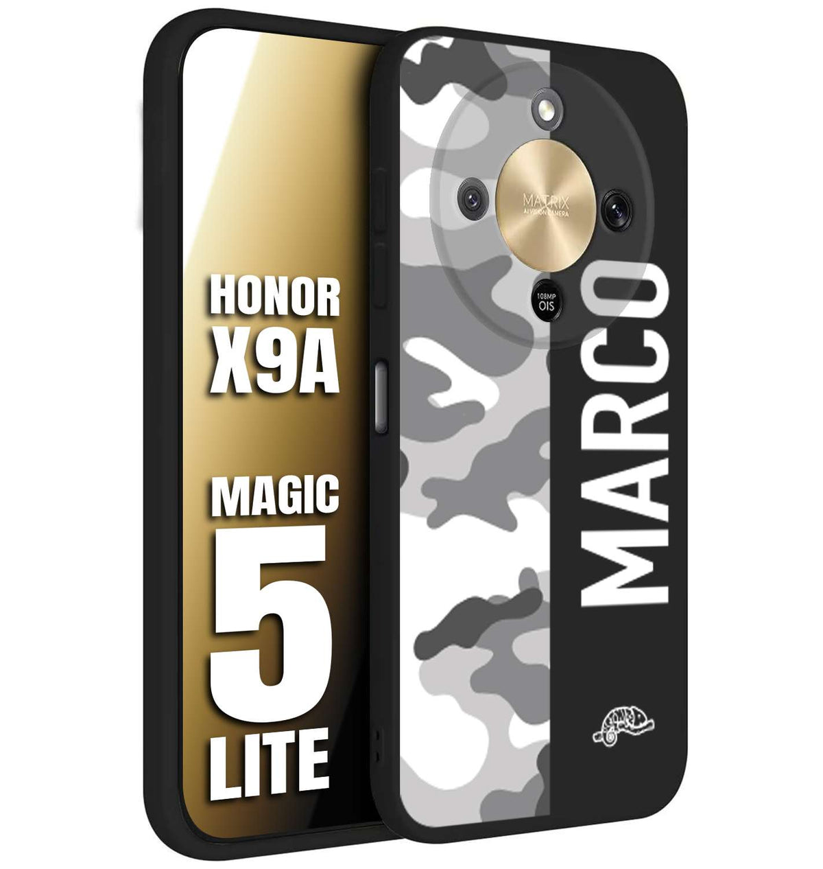 CUSTOMIZZA - Custodia cover nera morbida in tpu compatibile per Honor X9A - Honor Magic 5 Lite camouflage mimetico militare personalizzata nome bianco