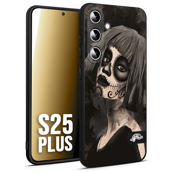 CUSTOMIZZA - Custodia cover nera morbida in tpu compatibile per Samsung S25 PLUS chicana messicana dea de la muerte donna santa tattoo disegnata