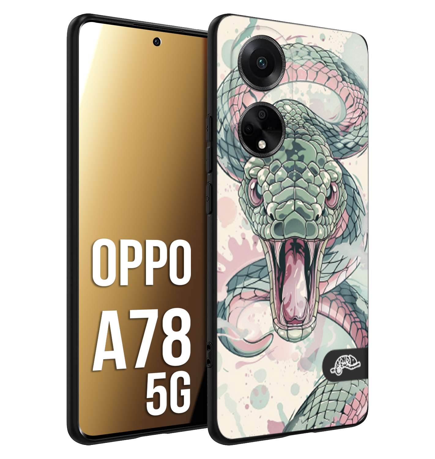 CUSTOMIZZA - Custodia cover nera morbida in tpu compatibile per Oppo A78 5G snake pink green serpente tatuaggio tattoo disegnato a mano