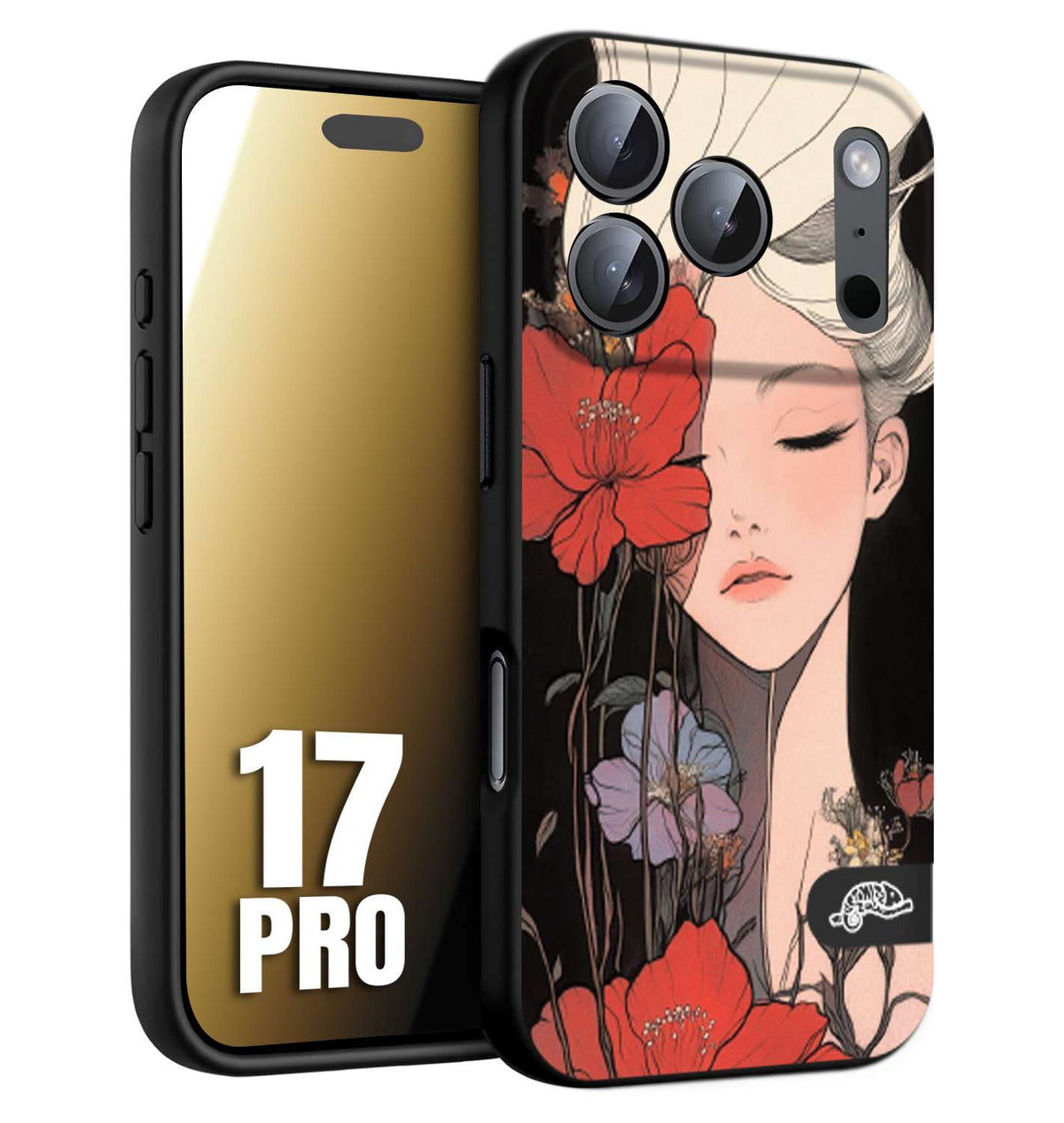 CUSTOMIZZA - Custodia cover nera morbida in tpu compatibile per iPhone 17 PRO woman flower Fantasia Floreale Design Donna e Fiori, Retro Artistico