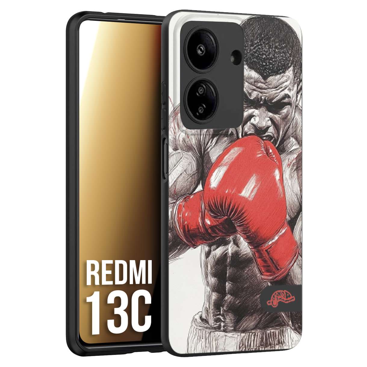 CUSTOMIZZA - Custodia cover nera morbida in tpu compatibile per Xiaomi Redmi 13C pugilato pugili disegno tattoo guantoni box pesi massimi gancio