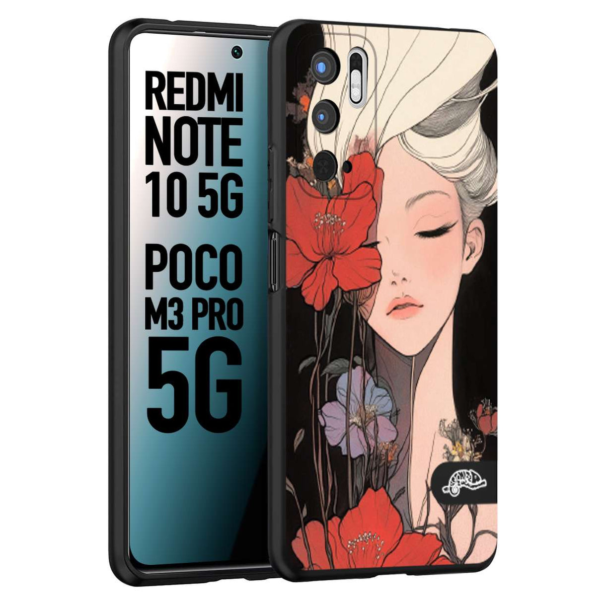 CUSTOMIZZA - Custodia cover nera morbida in tpu compatibile per Xiaomi Redmi Note 10 5G - Poco M3 Pro 5G woman flower Fantasia Floreale Design Donna e Fiori, Retro Artistico