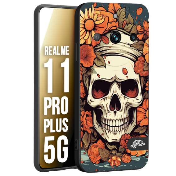 CUSTOMIZZA - Custodia cover nera morbida in tpu compatibile per Oppo Realme 11 PRO PLUS 5G teschio skull flowers fiori tattoo disegnato alta definizione