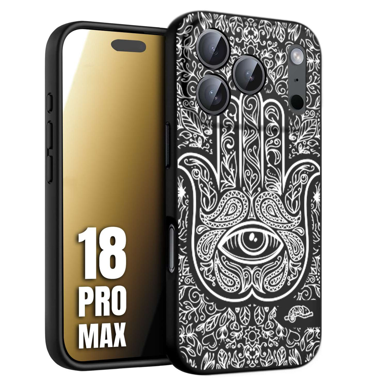 CUSTOMIZZA - Custodia cover nera morbida in tpu compatibile per iPhone 18 PRO MAX mano di fatima effetto rilievo mandala donna