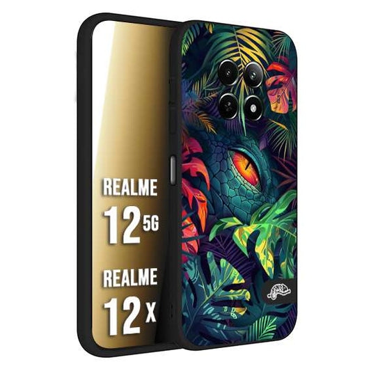 CUSTOMIZZA - Custodia cover nera morbida in tpu compatibile per Realme 12 5G - 12X animali color giungla tropicale occhio di coccodrillo alligatore disegnato