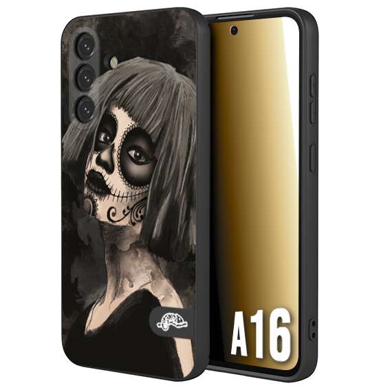 CUSTOMIZZA - Custodia cover nera morbida in tpu compatibile per Samsung A16 chicana messicana dea de la muerte donna santa tattoo disegnata