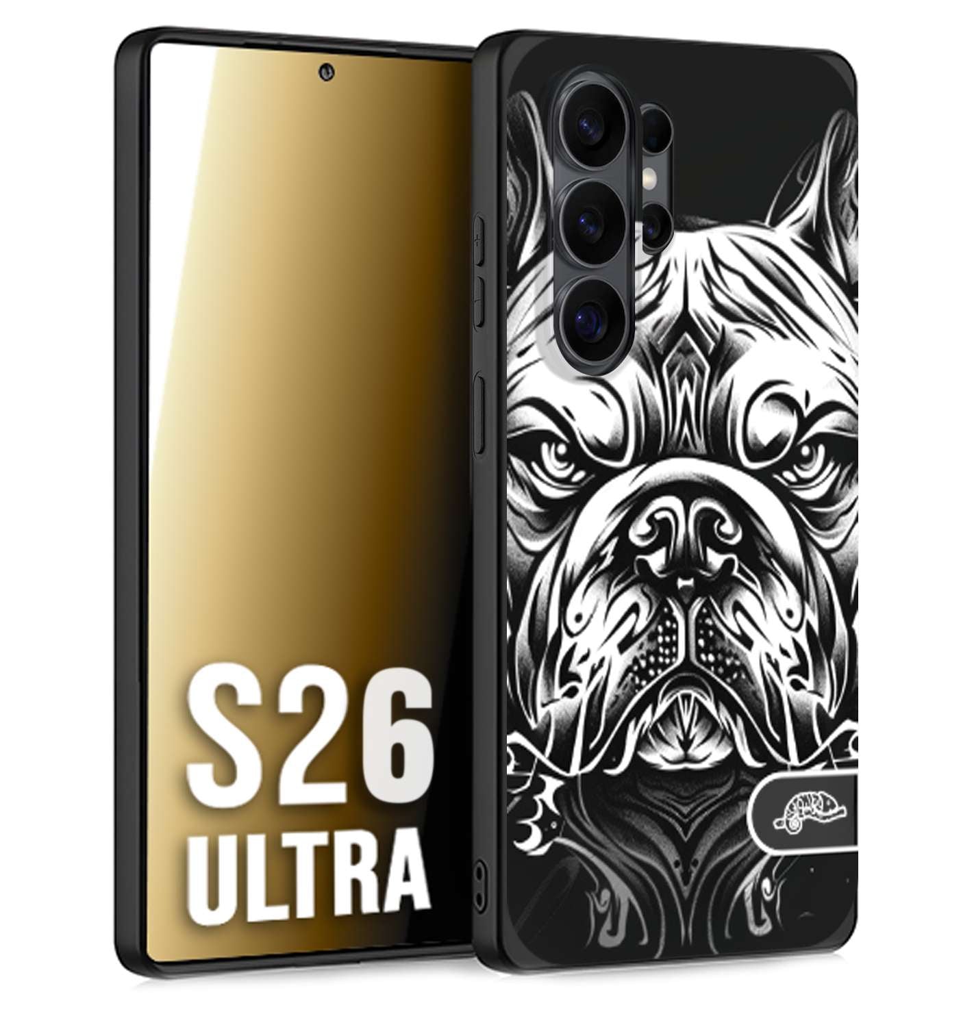 CUSTOMIZZA - Custodia cover nera morbida in tpu compatibile per Samsung S26 ULTRA bulldog bianco a rilievo disegnato tattoo tatuaggio