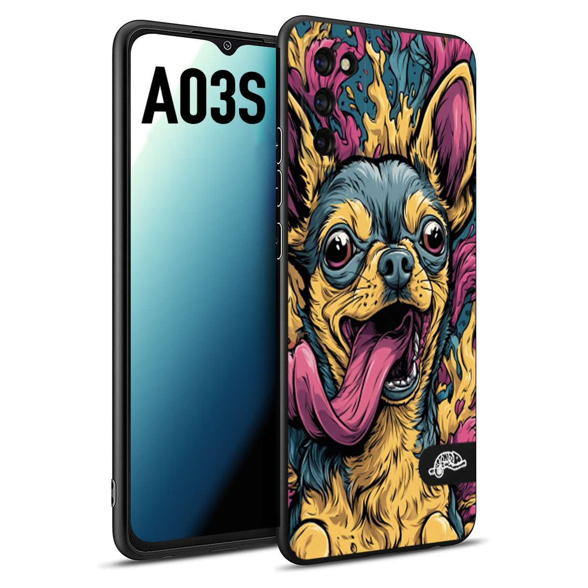 CUSTOMIZZA - Custodia cover nera morbida in tpu compatibile per Samsung A03S Chihuahua illustrazione cane pop art cane street art cartone animato