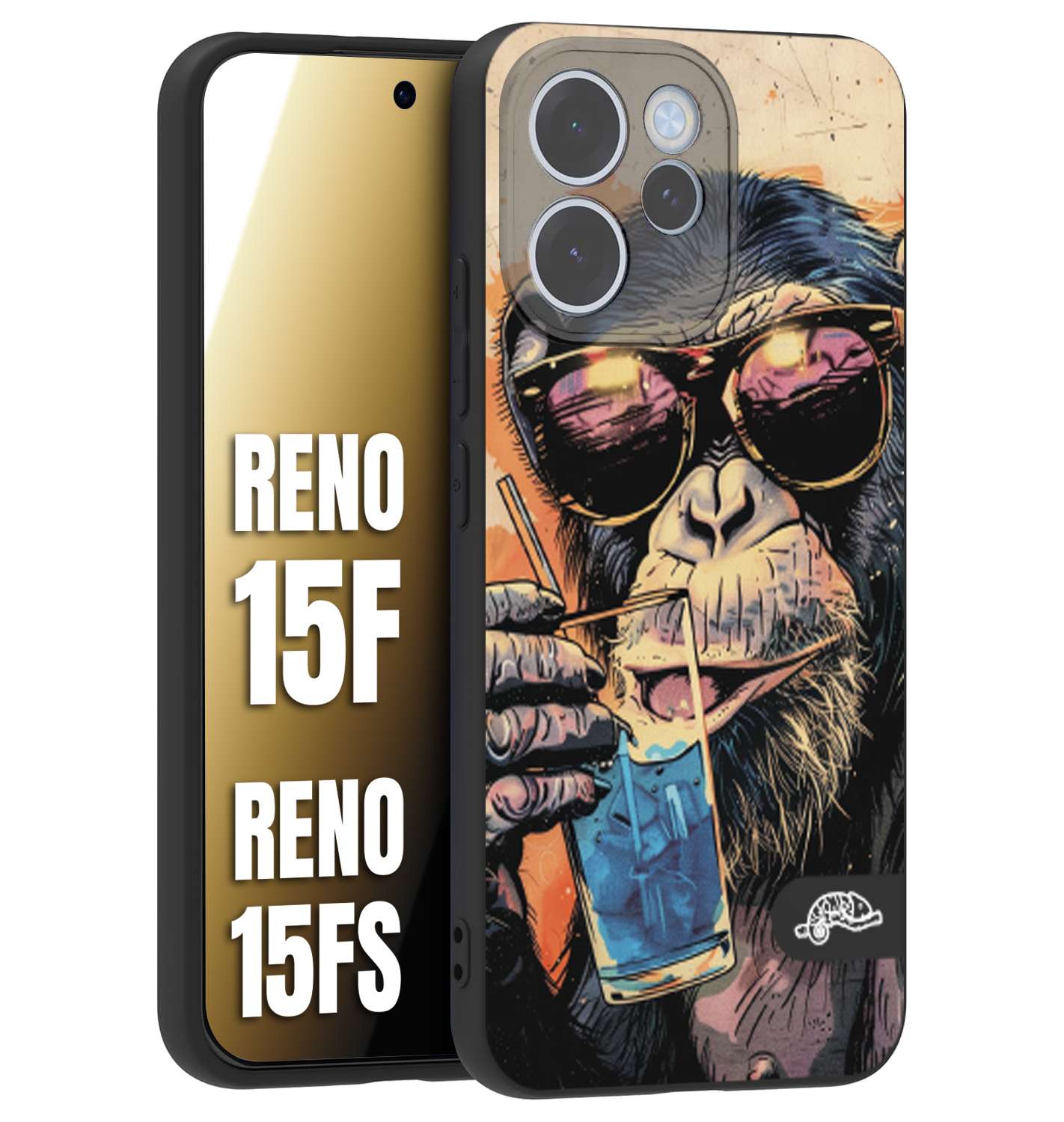CUSTOMIZZA - Custodia cover nera morbida in tpu compatibile per Oppo Reno 15 F - Reno 15 FS estate disegnata cocktails animali simpatici scimmia monkey negroni