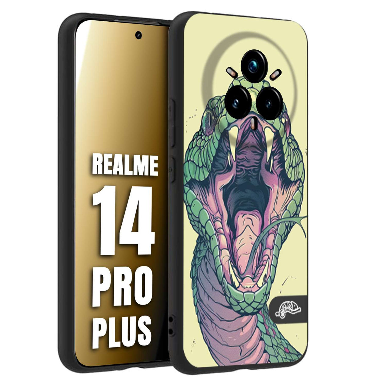CUSTOMIZZA - Custodia cover nera morbida in tpu compatibile per Realme 14 PRO PLUS snake yellow green serpente tatuaggio tattoo disegnato a mano