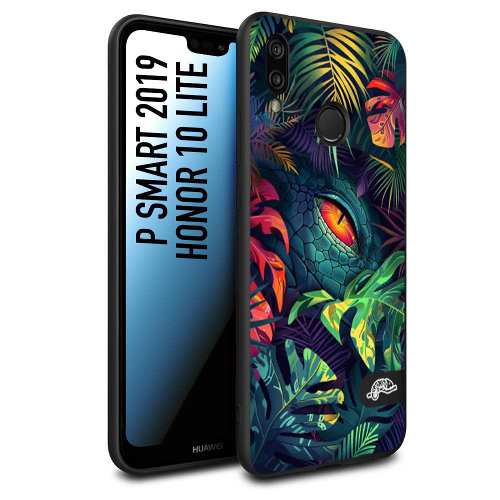 CUSTOMIZZA - Custodia cover nera morbida in tpu compatibile per Huawei P Smart 2019 animali color giungla tropicale occhio di coccodrillo alligatore disegnato