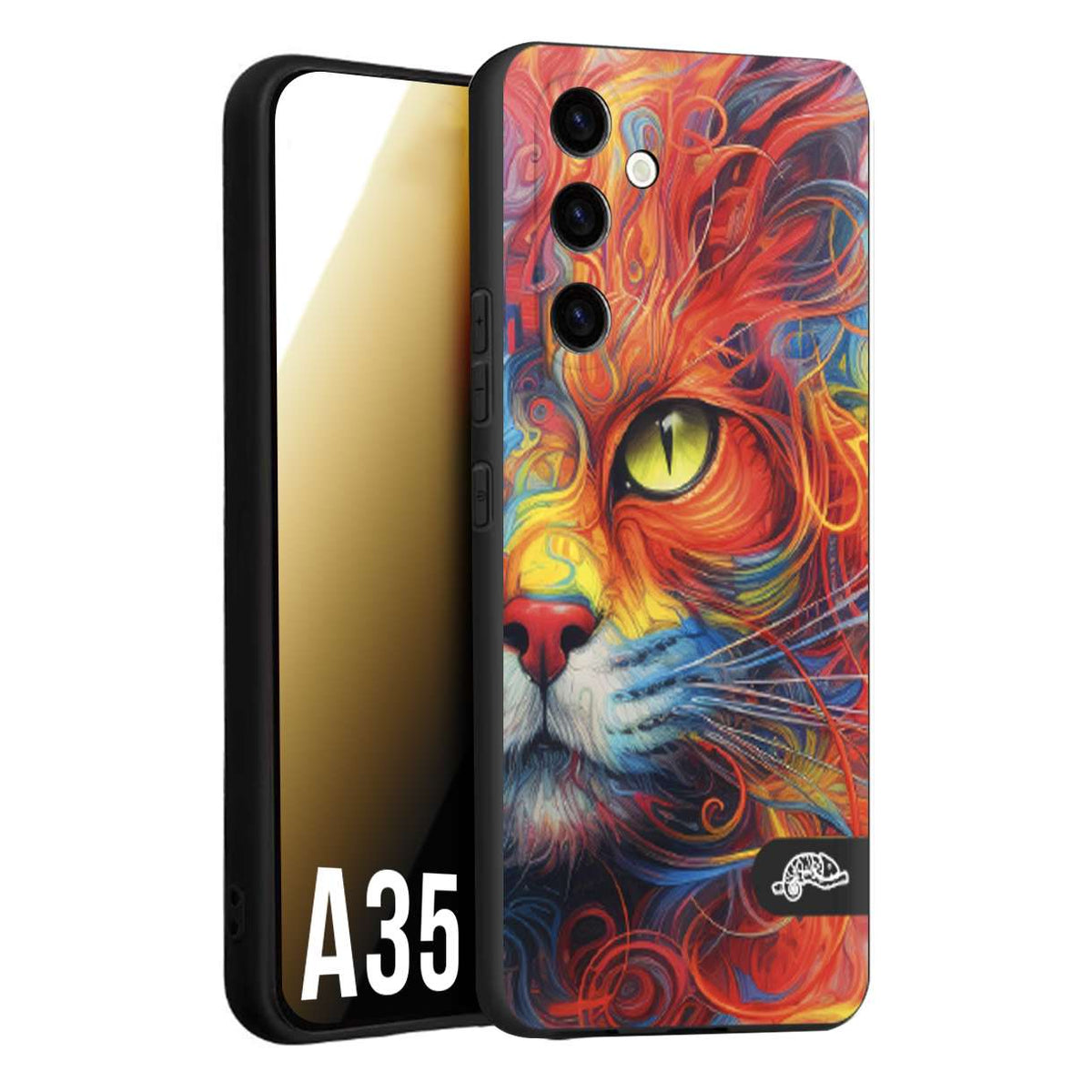 CUSTOMIZZA - Custodia cover nera morbida in tpu compatibile per Samsung A35 5G animali color cat gatto viso colori vibranti disegnato schizzo