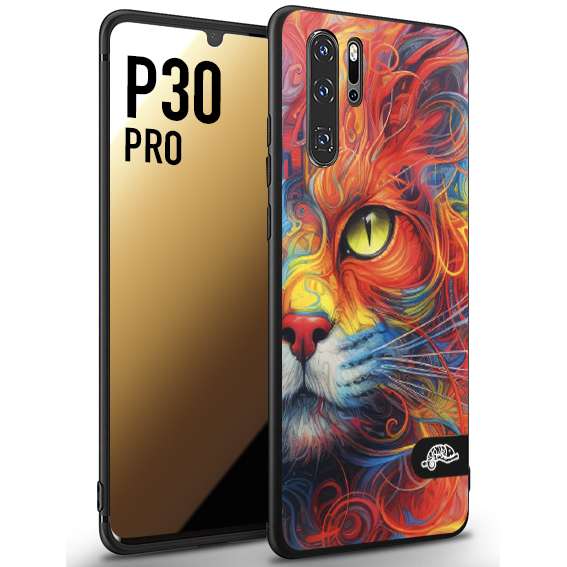 CUSTOMIZZA - Custodia cover nera morbida in tpu compatibile per Huawei P30 PRO animali color cat gatto viso colori vibranti disegnato schizzo