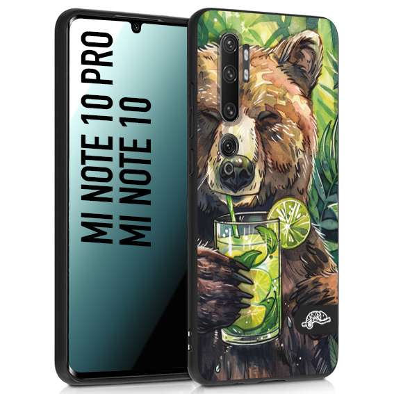 CUSTOMIZZA - Custodia cover nera morbida in tpu compatibile per Xiaomi Mi Note 10 - Mi Note 10 Pro estate disegnata cocktails animali simpatici orso bear negroni