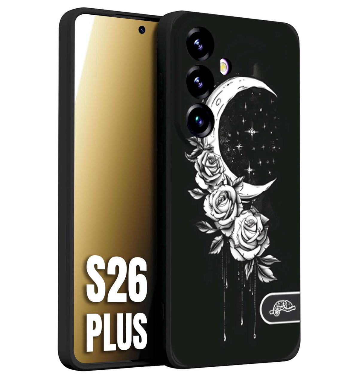 CUSTOMIZZA - Custodia cover nera morbida in tpu compatibile per Samsung S26 PLUS luna e fiori moon flowers black and white bianco a rilievo disegnato