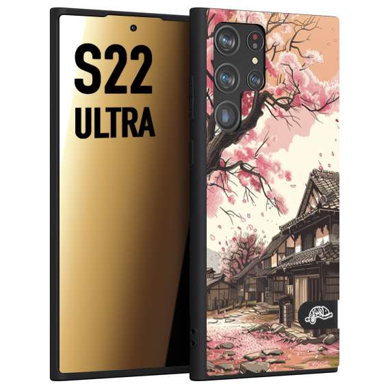 CUSTOMIZZA - Custodia cover nera morbida in tpu compatibile per Samsung S22 ULTRA casa giapponese rosa ciliegio in fiore disegnata tattoo