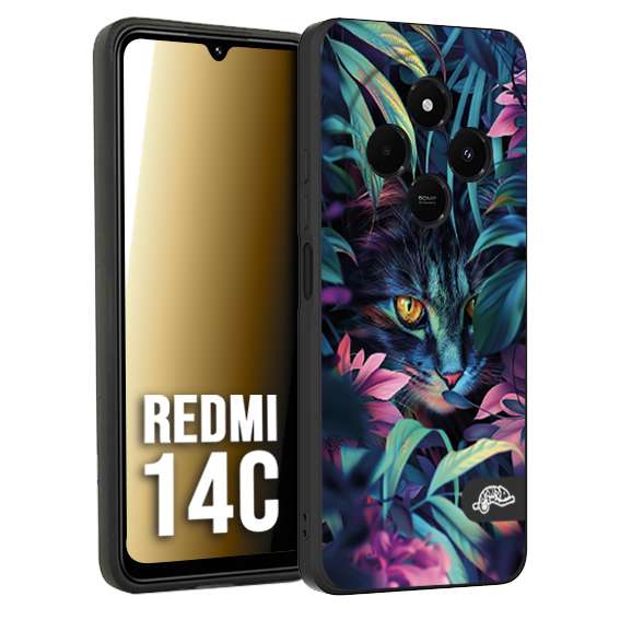 CUSTOMIZZA - Custodia cover nera morbida in tpu compatibile per Xiaomi Redmi 14C animali color giungla tropicale occhio di gatto colori vibranti disegnato
