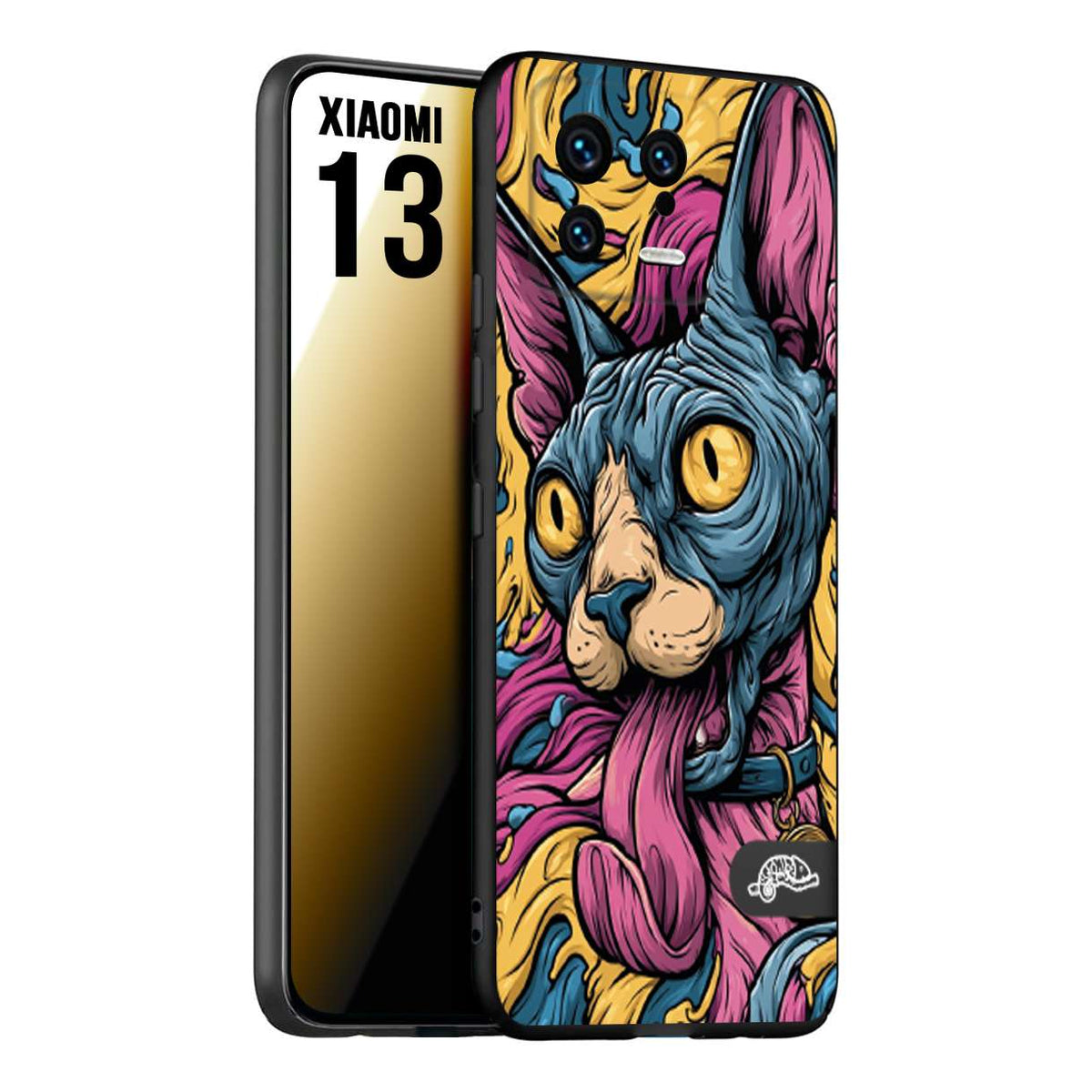 CUSTOMIZZA - Custodia cover nera morbida in tpu compatibile per Xiaomi 13 Sphynx Colorato Pop Art Psichedelico Gatto Blu Rosa Giallo Artistica Fantasy