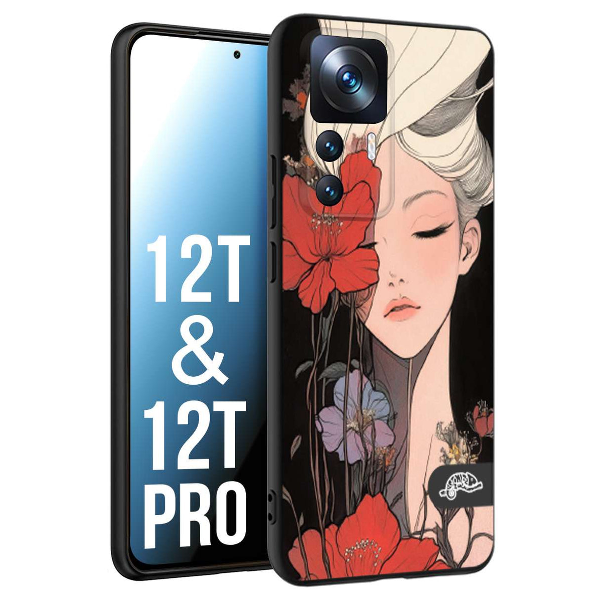 CUSTOMIZZA - Custodia cover nera morbida in tpu compatibile per Xiaomi 12T - 12T PRO woman flower Fantasia Floreale Design Donna e Fiori, Retro Artistico