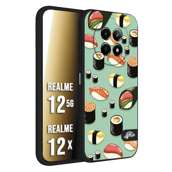 CUSTOMIZZA - Custodia cover nera morbida in tpu compatibile per Realme 12 5G - 12X sushi disegni giapponese nighiri acquamarina verde