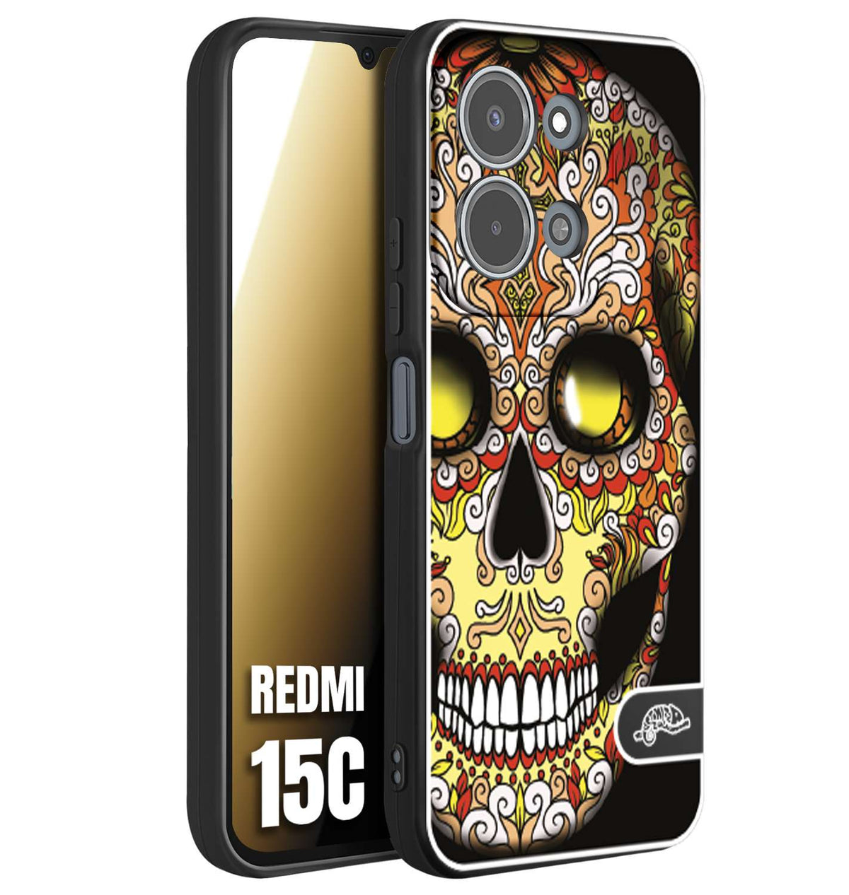 CUSTOMIZZA - Custodia cover nera morbida in tpu compatibile per Xiaomi Redmi 15C teschio messicano Mexican skull giallo rosso arancio