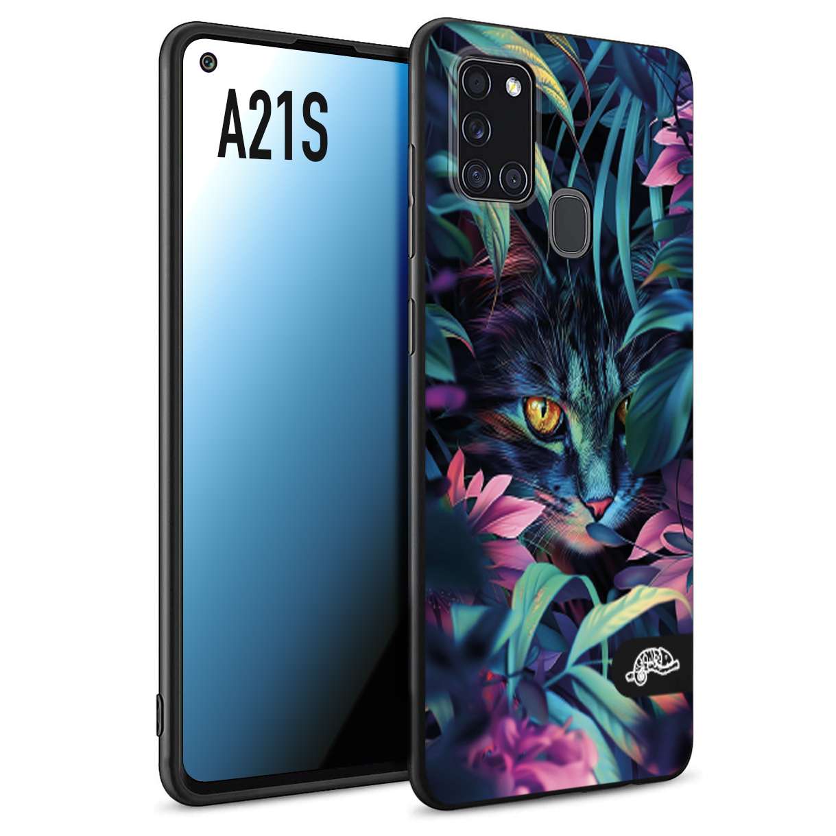 CUSTOMIZZA - Custodia cover nera morbida in tpu compatibile per Samsung A21S animali color giungla tropicale occhio di gatto colori vibranti disegnato