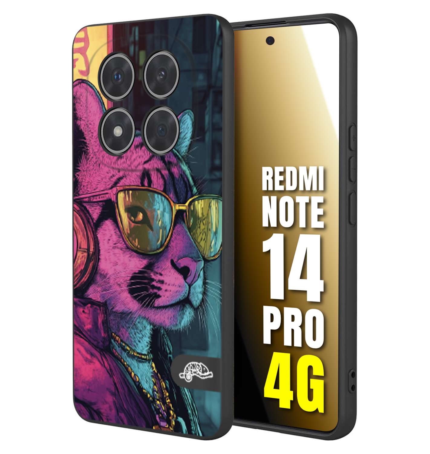CUSTOMIZZA - Custodia cover nera morbida in tpu compatibile per Xiaomi Redmi Note 14 PRO 4G animali cyberpunk pantera street cat fucsia blu giallo