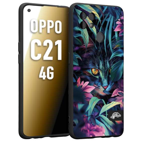 CUSTOMIZZA - Custodia cover nera morbida in tpu compatibile per Realme C21 4G animali color giungla tropicale occhio di gatto colori vibranti disegnato