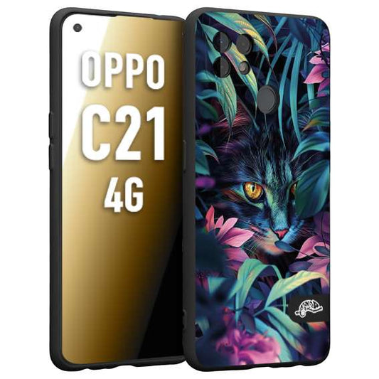 CUSTOMIZZA - Custodia cover nera morbida in tpu compatibile per Realme C21 4G animali color giungla tropicale occhio di gatto colori vibranti disegnato