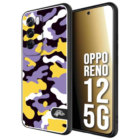CUSTOMIZZA - Custodia cover nera morbida in tpu compatibile per Oppo Reno 12 5G camouflage mimetico militare viola lilla giallo