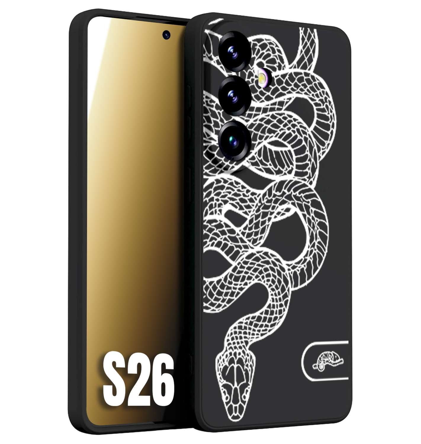 CUSTOMIZZA - Custodia cover nera morbida in tpu compatibile per Samsung S26 serpente snake bianco a rilievo disegnato tattoo tatuaggio