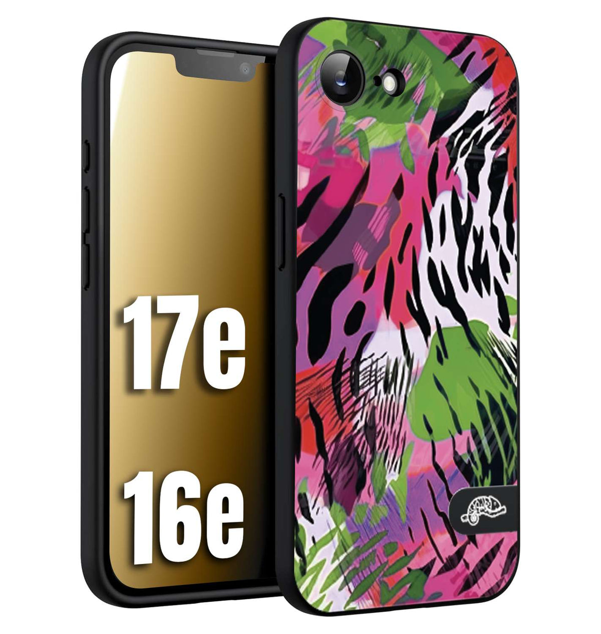 CUSTOMIZZA - Custodia cover nera morbida in tpu compatibile per iPhone 16E - 17E leopardato tigrato tiger colorata summer color verde fucsia