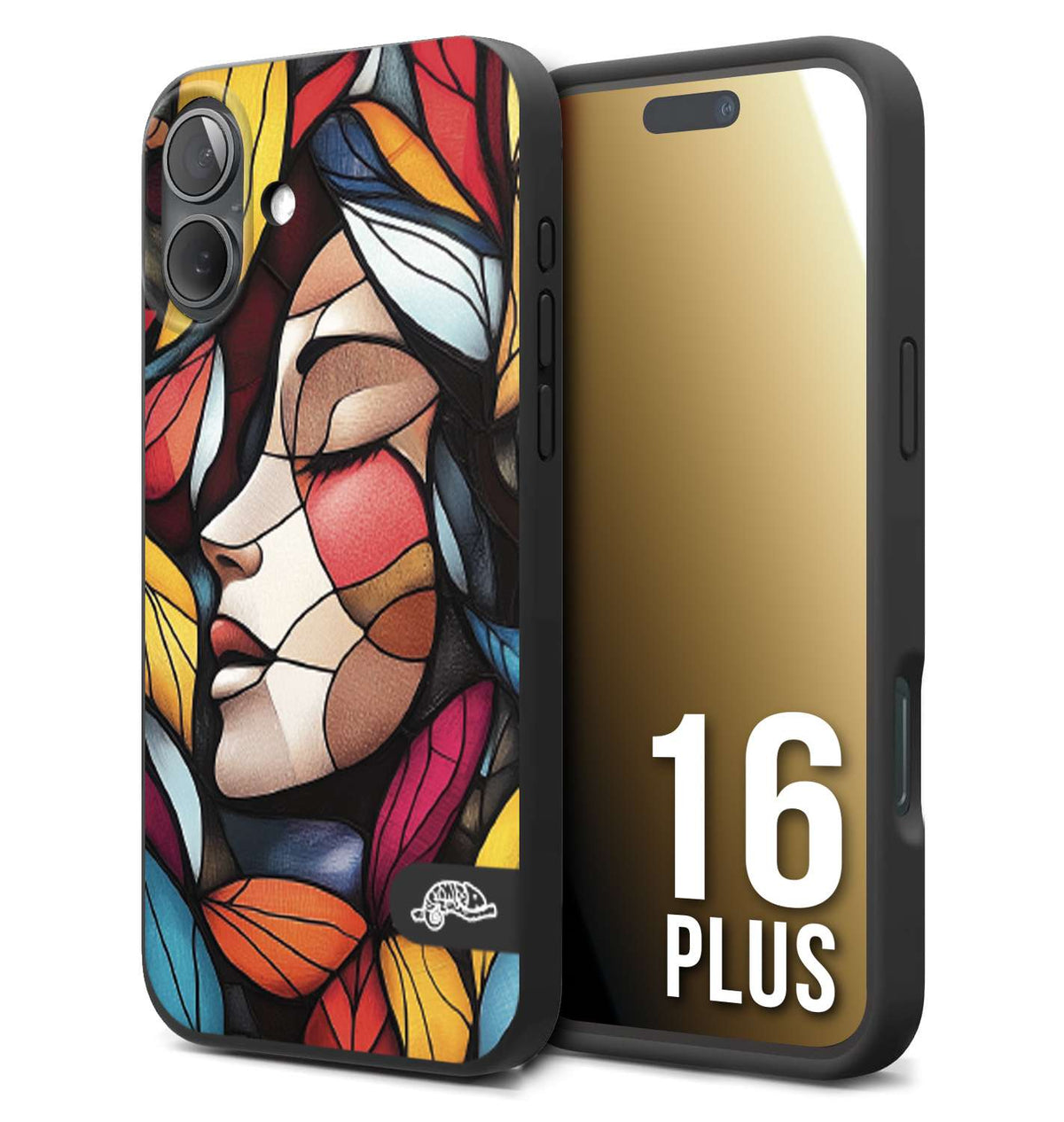 CUSTOMIZZA - Custodia cover nera morbida in tpu compatibile per iPhone 16 PLUS Vetrata artistica volto di donna profilo fogliare mosaico di vetro colorato