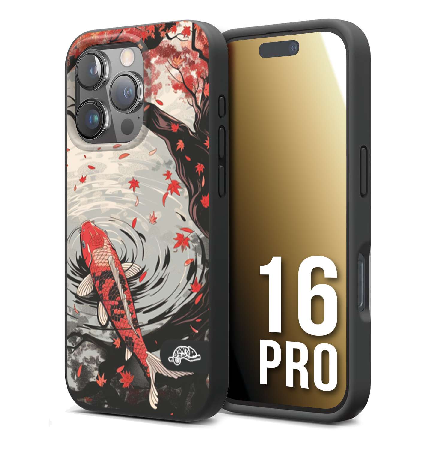 CUSTOMIZZA - Custodia cover nera morbida in tpu compatibile per iPhone 16 PRO giapponese lago carpa koi rossa con foglie d'acero rosso disegnata tattoo