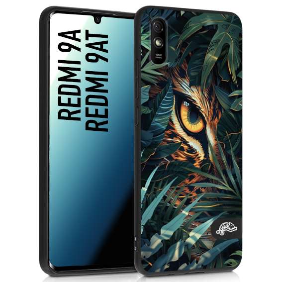 CUSTOMIZZA - Custodia cover nera morbida in tpu compatibile per Xiaomi Redmi 9A - 9AT animali color giungla tropicale occhio di giaguaro felino disegnato
