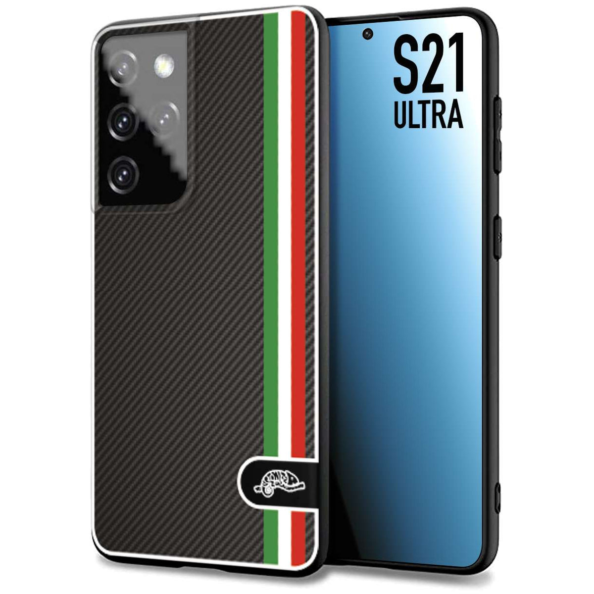 CUSTOMIZZA - Custodia cover nera morbida in tpu compatibile per Samsung S21 ULTRA effetto fibra di carbonio bandiera Italia made in Italy
