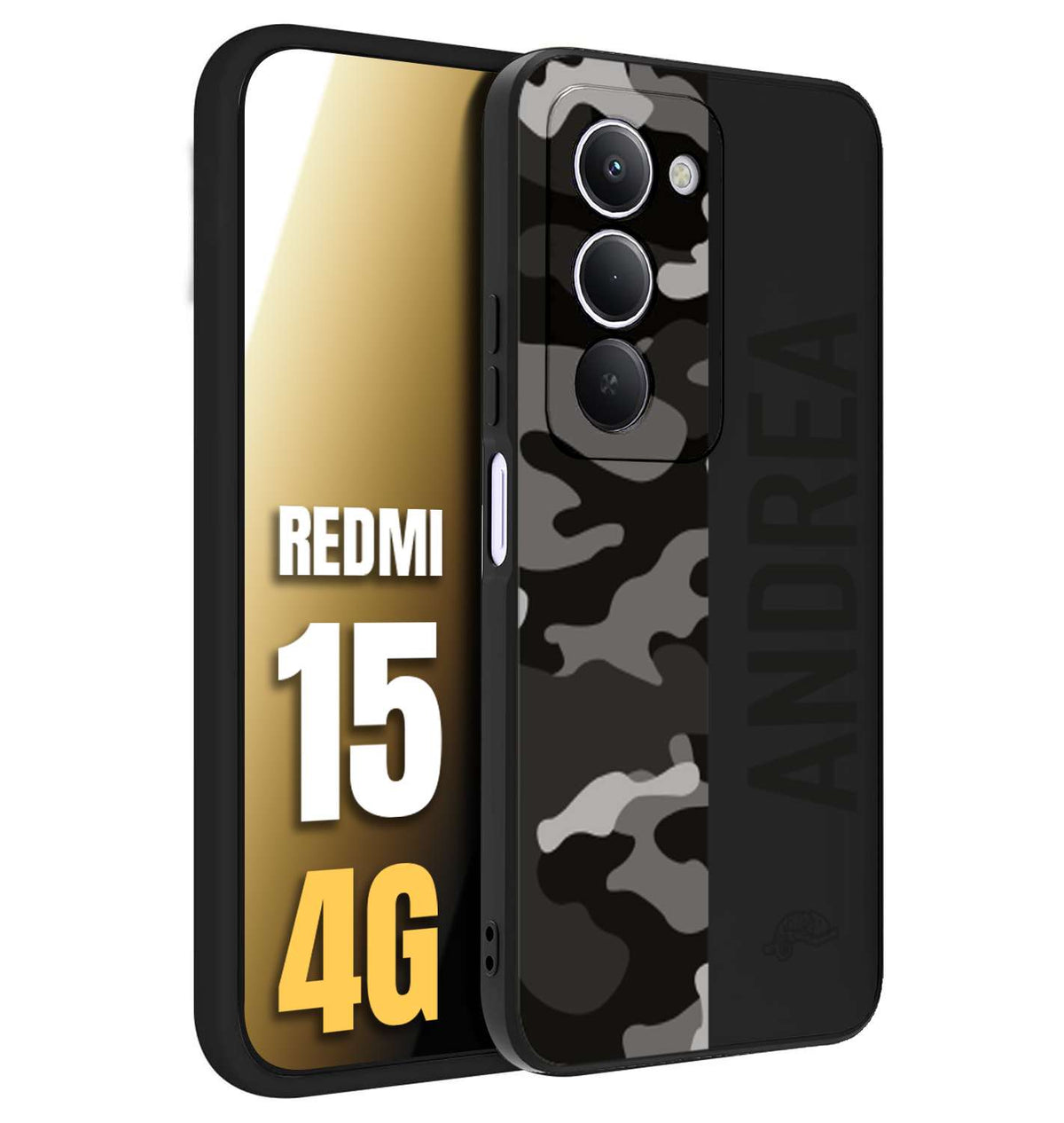 CUSTOMIZZA - Custodia cover nera morbida in tpu compatibile per Xiaomi Redmi 15 4G camouflage mimetico militare personalizzata nome