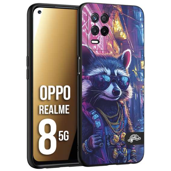 CUSTOMIZZA - Custodia cover nera morbida in tpu compatibile per Realme 8 5G animali simpatici cyberpunk procione racoon street cat fucsia blu giallo