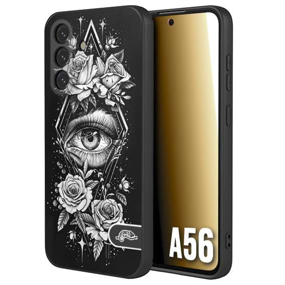 CUSTOMIZZA - Custodia cover nera morbida in tpu compatibile per Samsung A56 5G occhio fiori rombo geometrico black and white bianco a rilievo disegnato tattoo tatuaggio